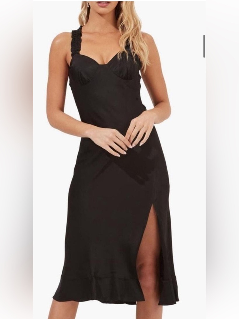 Astr Black Satin Slip Dress with Lace-Style Straps